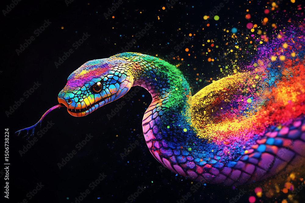 Fototapeta premium Vibrant snake emerging from colorful splashes, showcasing artistic expression and creativity