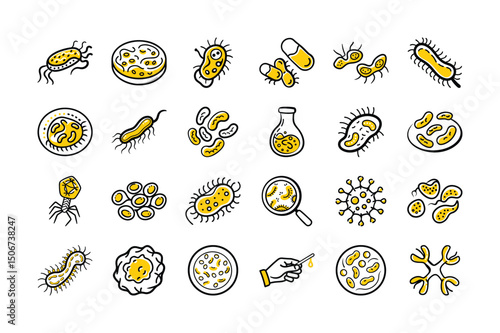 Hand-Drawn Microbiology Icon Set – Colorful Vector Germs and Bacteria Illustrations

