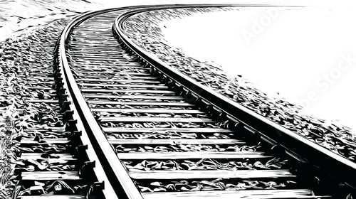 白黒で描かれたカーブする鉄道線路のベクターイラスト