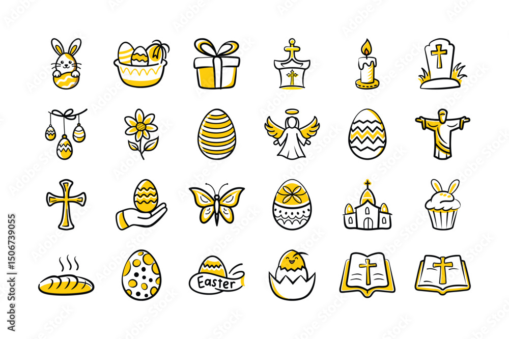 Fototapeta premium Hand Drawn Easter Symbols – Religious, Spring, and Holiday Icon Collection