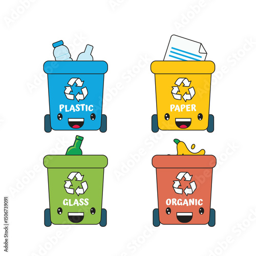 A flat kawaii cartoon illustration of recycle bins labeled plastic, paper, glass, and organic. Designed to promote environmental education and fun waste separation for kids and community.