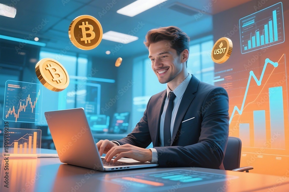 Confident businessman analyzing cryptocurrency charts with bitcoin and usdt crypto coins Confident businessman analyzing cryptocurrency charts with bitcoin and usdt crypto coins