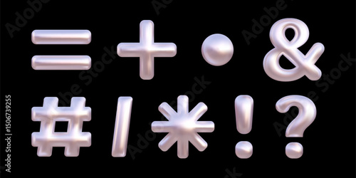 Chrome math signs vector 3d icons set. Metallic hashtag, ampersand, exclamation and question marks. Shining silver shapes isolated on black background
