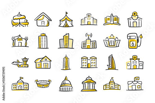 Hand Drawn Building and Landmark Icons Set – Doodle Style Architecture Symbols

