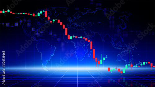 Stock market trading chart. Abstract finance blue background world map. Falling financial market. Japanese candlesticks. Investment concept. Economy trends background for business. Vector illustration