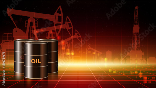 Oil barrels on abstract industrial red background. Crude oil production and refining industry. Pumpjack. Drilling rig, derrick in dark abstract desert background. Copy paste, place for text. Vector