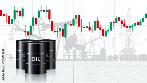 Oil price chart per barrel. Crude oil barrels on industrial sketch background. Stock market trading graph chart. Volatility analysis of energy markets. Influence of economic insiders. Vector