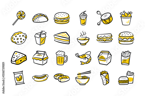 Doodle Fast Food Icons Collection – Hand Drawn Snack & Meal Illustrations

