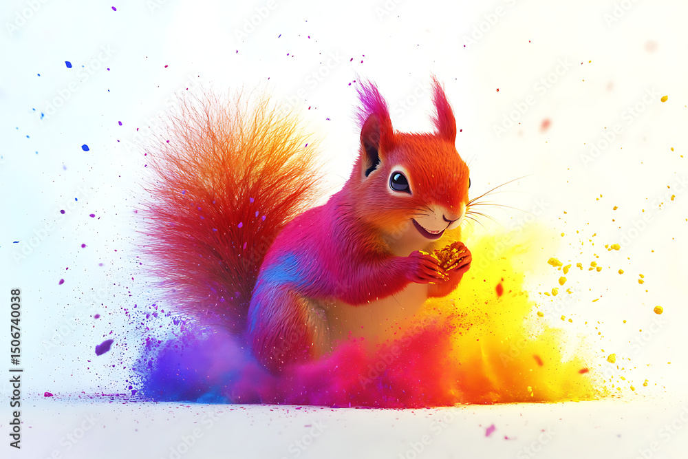 Obraz premium Vibrant squirrel holding a nut amidst colorful powder explosion in a whimsical setting