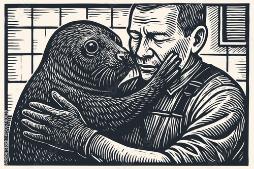 Affectionate seal hugs a man in overalls, who has his eyes closed. Touching friendship. Vintage woodcut/engraving style vector. Monochrome. 