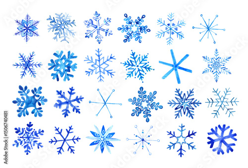 Watercolor snowflake illustrations on a white background