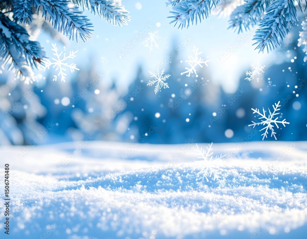 Beautiful Winter Landscape with Snowflakes Falling and Frosty Trees Beautiful Winter Landscape with Snowflakes Falling and Frosty Trees