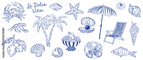 Hand drawn summer illustration set. Italian dolce vita. Doodle minimalist line art. Lemon, palm tree, cocktails sun and sea, seashells vacation in chalk charcoal style. Drawings for poster, placard
