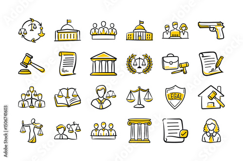 Law & Justice Icons Set – Hand Drawn Legal System, Court & Attorney Symbols

