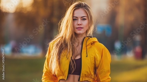 Photo of lovely sporty lady athlete wearing stylish sportswear posing outdoors in park on textile background