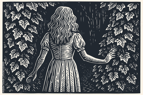 Girl with long wavy hair in a vintage dress, seen from behind, ventures into a dark, mysterious wood. Lush foliage, vines. Woodcut/engraving style. B&W vector.