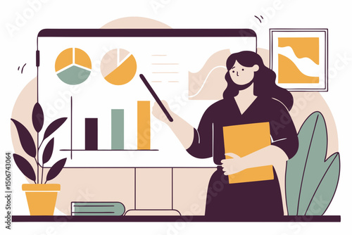 Female analyst presenting graphs and data on board (Vector illustration)