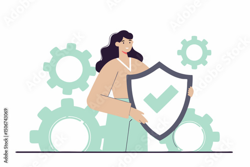 Woman holding shield standing among gears. Illustration