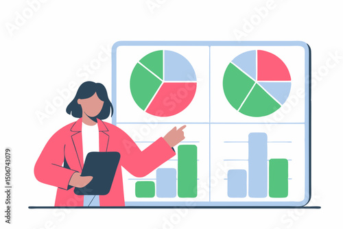 Woman presenting colorful graphs and charts. Illustration