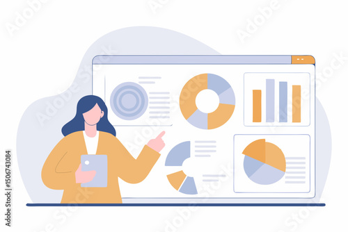 Woman explaining data using large dashboard. Illustration