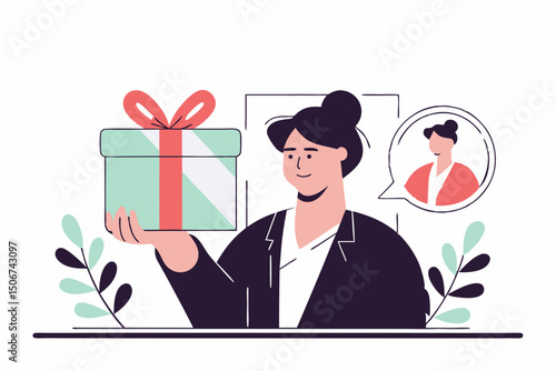 Woman giving gift box during video call illustration