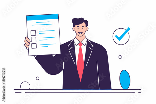 Man in suit holding paper with check mark. Illustration