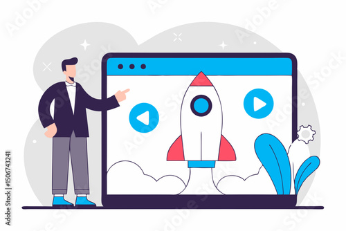 Man launching rocket on screen presentation. Illustration