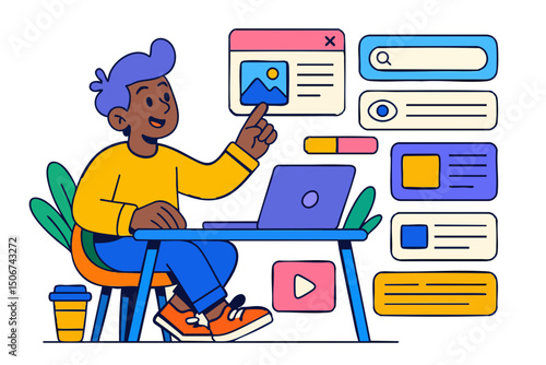 Boy browsing internet at desk with search icons. Illustration