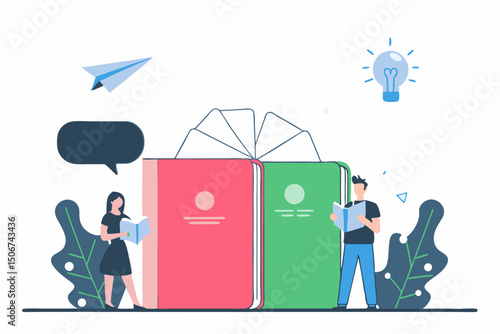 People standing near books and sharing creative ideas. Illustration