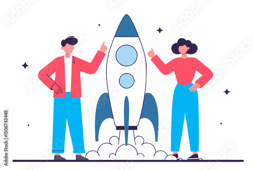Man and woman launching rocket together. Illustration