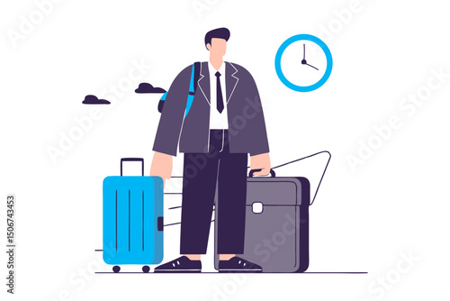 Businessman standing with luggage and clock icon. Illustration