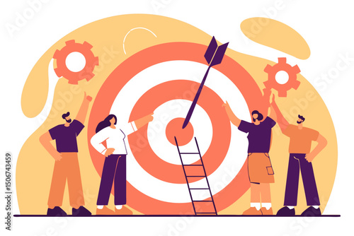 Team targeting goal with arrow and gears around. Illustration