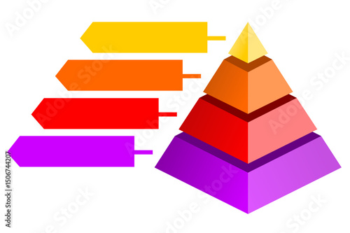 Infographic statistical of red with orange with purple and yellow stepped geometric design, Pyramid shape four layers for creating stacked appearance typical of hierarchical or organizational chart