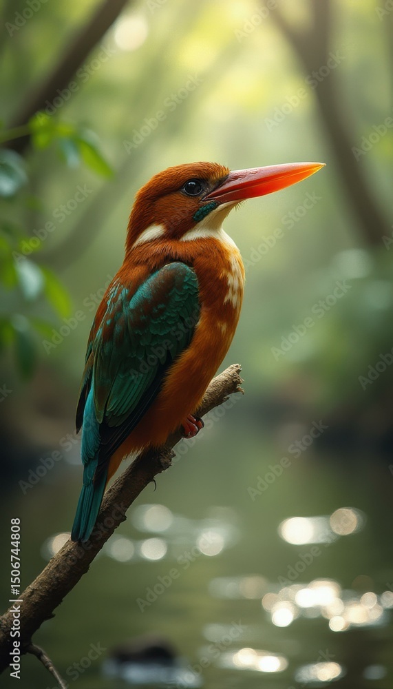 Stunning Kingfisher Perched on Branch in Lush Forest with Glimmering River Background Stunning Kingfisher Perched on Branch in Lush Forest with Glimmering River Background