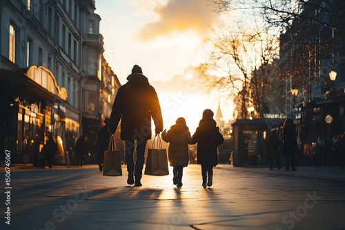 Family Walking with Shopping Bags at Sunset in Urban Setting