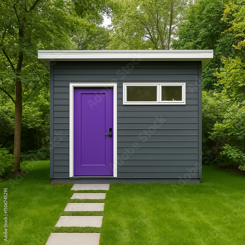 Modern grey garden shed with bright purple door stands on green lawn, surrounded by trees and greenery. Shed has flat roof and windows. Path of square stones leads to the entrance. Ideal for adu use