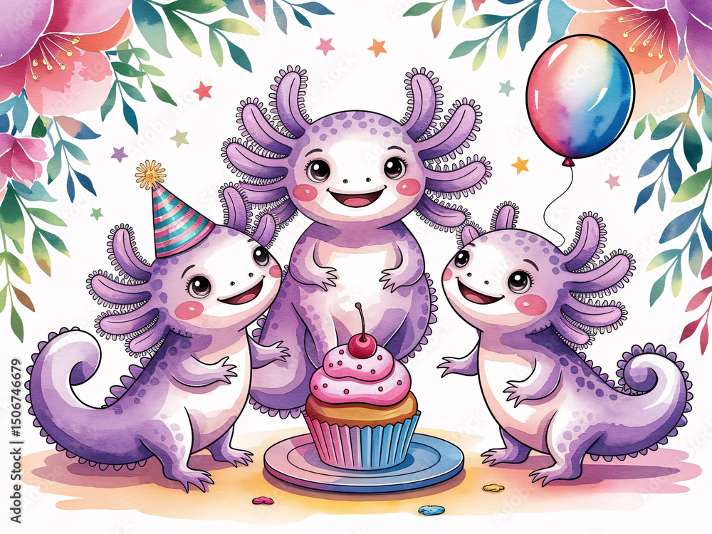 Naklejka premium Watercolor sticker set of 3 expressive axolotls in unique poses with accessories: birthday hat, cupcake, balloon, star confetti — isolated clipart for DIY and printable projects