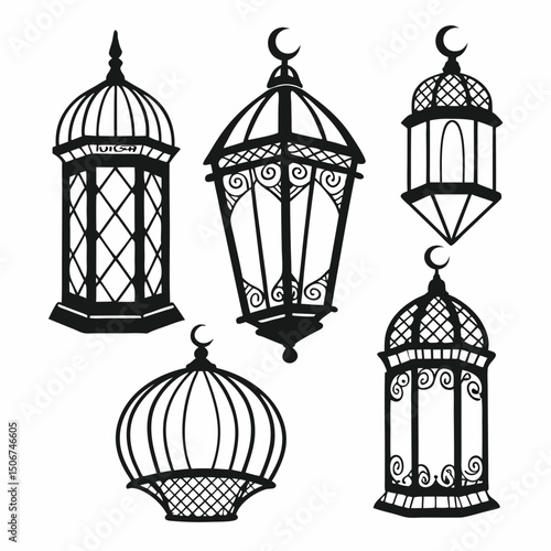 Islamic lantern element set for Ramadan in silhouettes. Arabic antique hanging oil lamp lights isolated vector.