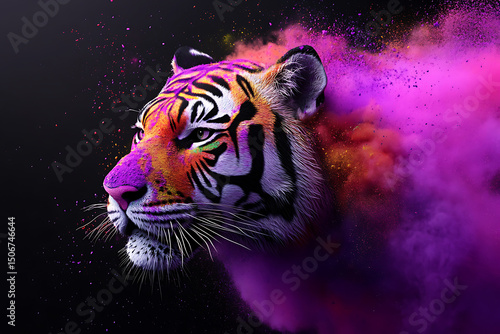 Wallpaper Mural Majestic tiger emerging from a vibrant cloud of colorful powder against a dark backdrop Torontodigital.ca