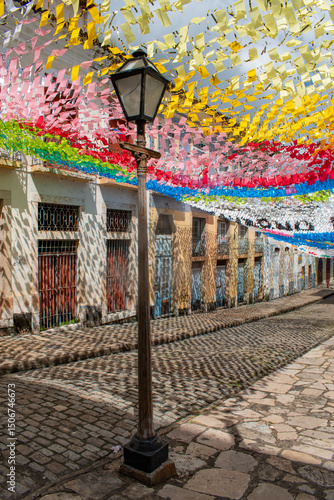 Brazil: daily life and skyline, a street lamp and the colorful decorations in the alleys of Sao Luis, the capital and largest city of the Brazilian state of Maranhao