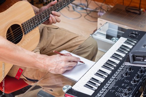 Bild auf Leinwand male composer writing a song on paper while playing acoustic guitar in home studio