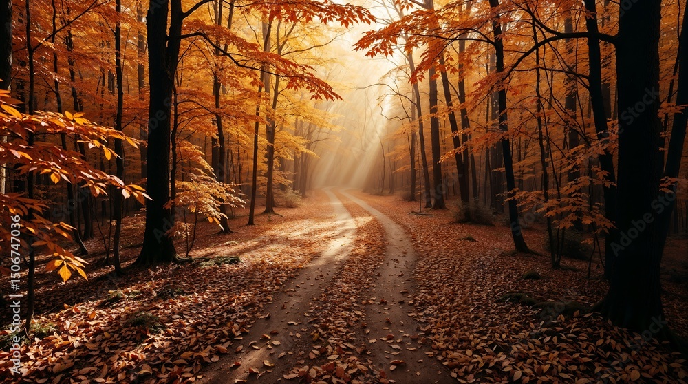 Fototapeta premium Winding Autumn Path with Sunlit Golden Leaves - AI Generated
