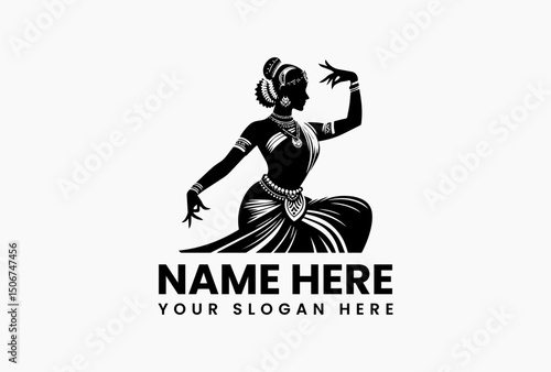 Detailed black and white vector silhouette of Bharatanatyam dancer in traditional costume for cultural branding