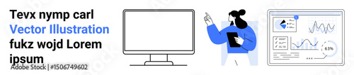 Professional presenting analytics with tablet, blank computer monitor, graphs and charts. Ideal for data visualization, analytics, presentations, e-learning, marketing, productivity simple landing