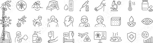 Mosquito borne diseases line icon set. Vector pictograms of virus, fever, rash, malaria, dengue, test, vaccine, injection, symptoms, spray, repellent, fumigation, thin linear illustration.