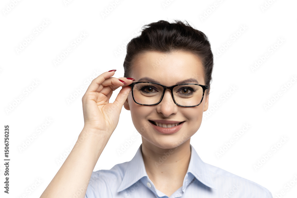 Photo of pretty businesswoman wearing eyeglasses standing in the office isolated over transparent background Photo of pretty businesswoman wearing eyeglasses standing in the office isolated over transparent background