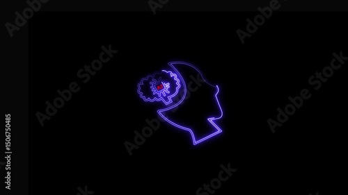 Neon Outline of Human Head with Moon, Brain, and AI Symbols in a Futuristic, Digital, Cyberpunk Style for Technology and Innovation Representation