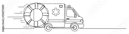 ambulance driving fast with lifebuoy outline icon