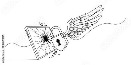 cracked padlock with wings escaping from laptop icon