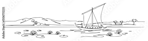 ancient sailboat on nile river monoline scene